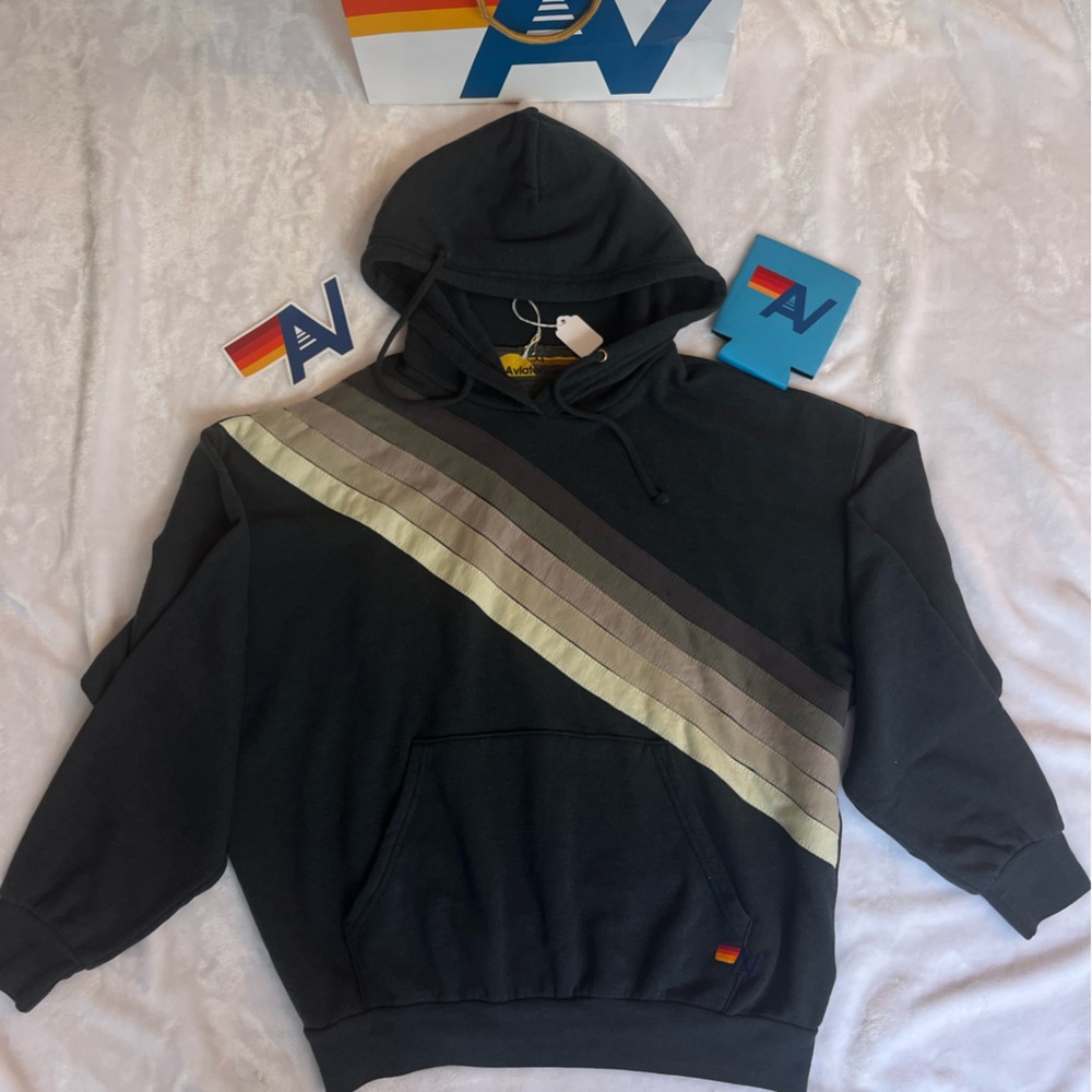 - NWT Aviator Nation Relaxed Cross Stripe  Pullover Hoodie Faded Charcoal XS